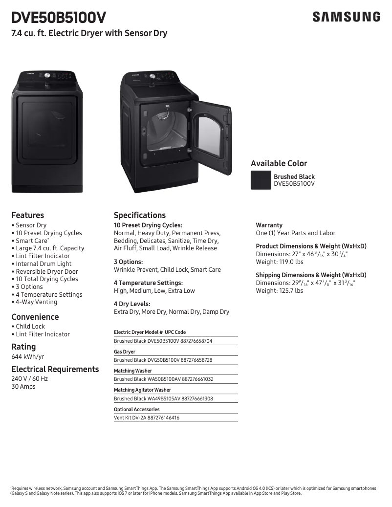 Page 1 de la notice Fiche technique Samsung DVE50B5100V