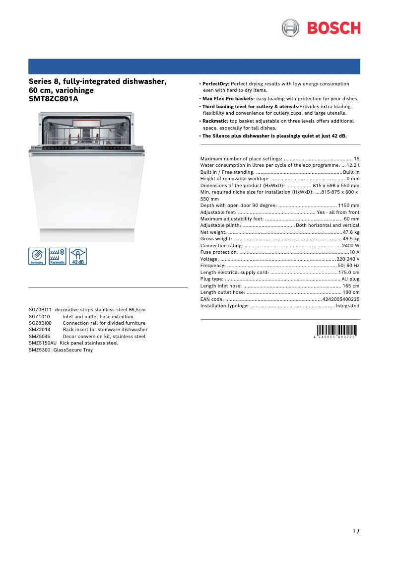 Page 1 de la notice Fiche technique Bosch SMT8ZC801A