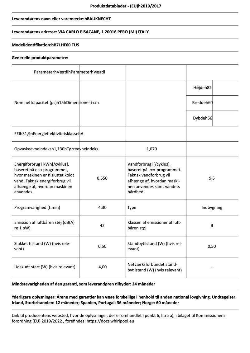 Page 1 de la notice Fiche technique Bauknecht B7I HF60 TUS