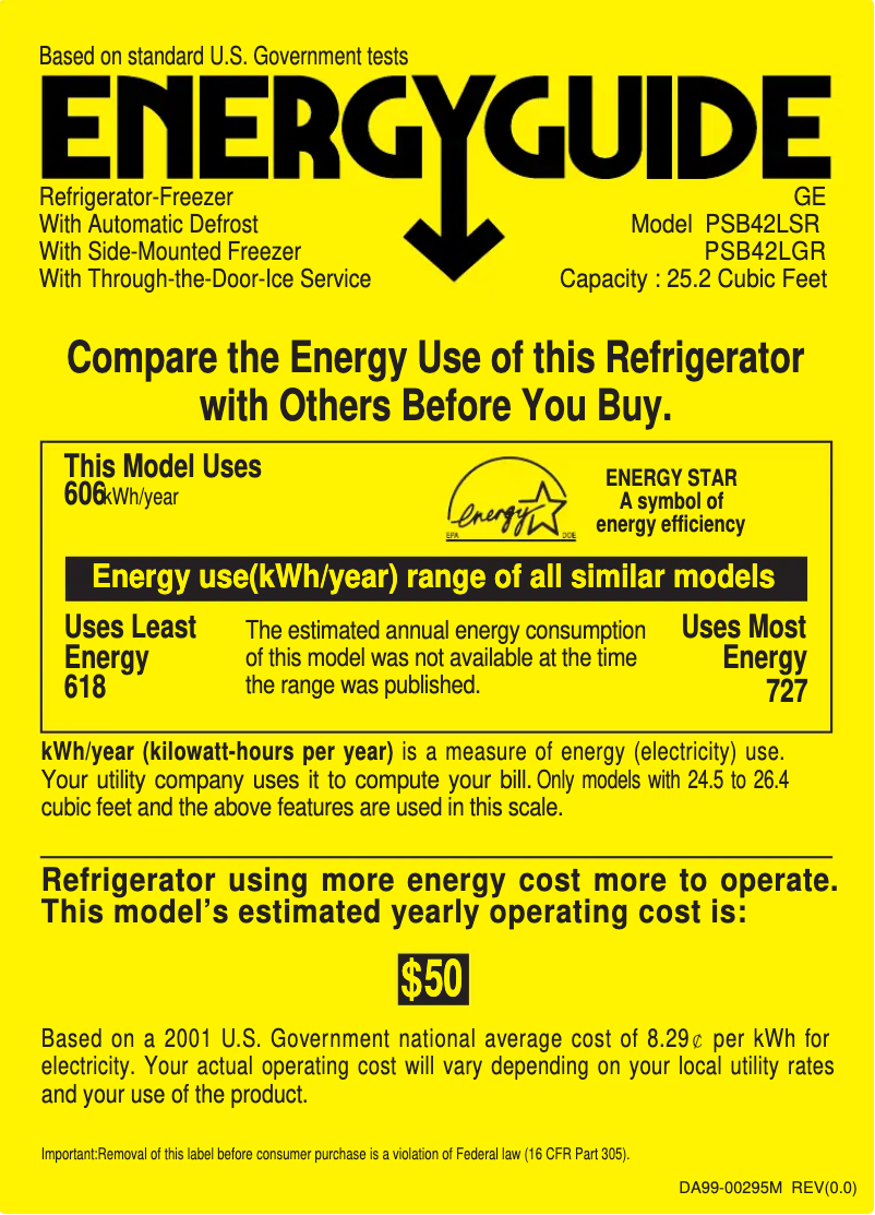 Página 1 del manual Etiqueta energética GE PSB42LSRBV