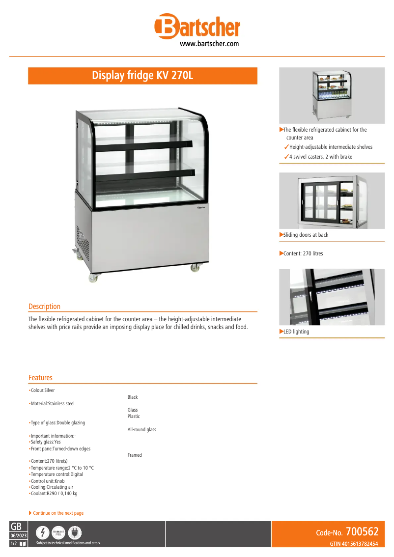 Page 1 de la notice Fiche technique Bartscher KV 270L