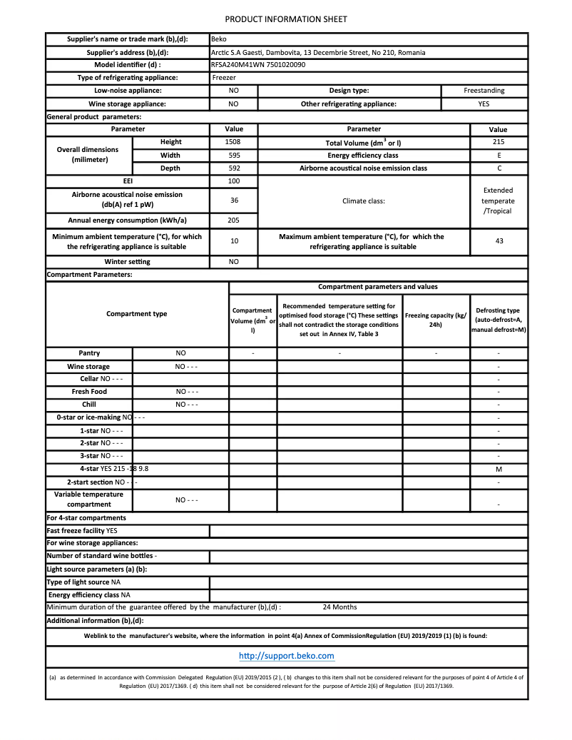 Page 1 de la notice Fiche technique Beko RFSA240M41WN