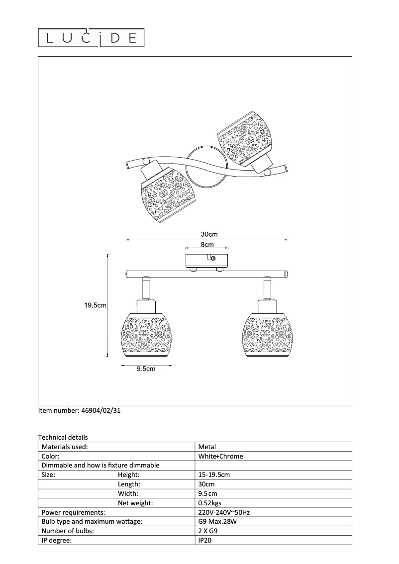 Page 1 de la notice Manuel utilisateur Lucide Tahar 46904/02/31