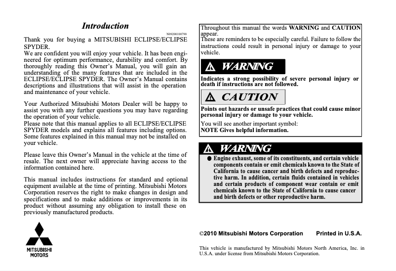 Page 1 de la notice Manuel utilisateur Mitsubishi Eclipse Spyder (2011)
