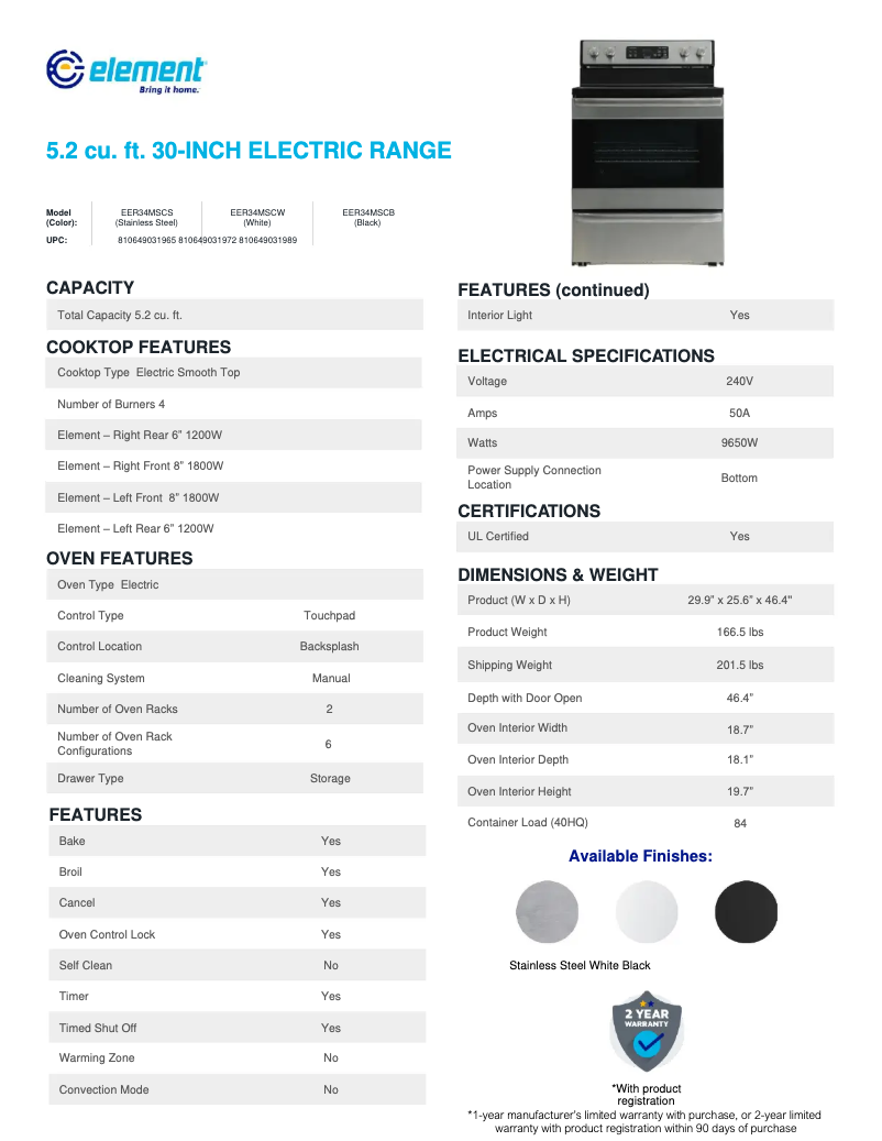 Page 1 de la notice Fiche technique Element EER34MSCW