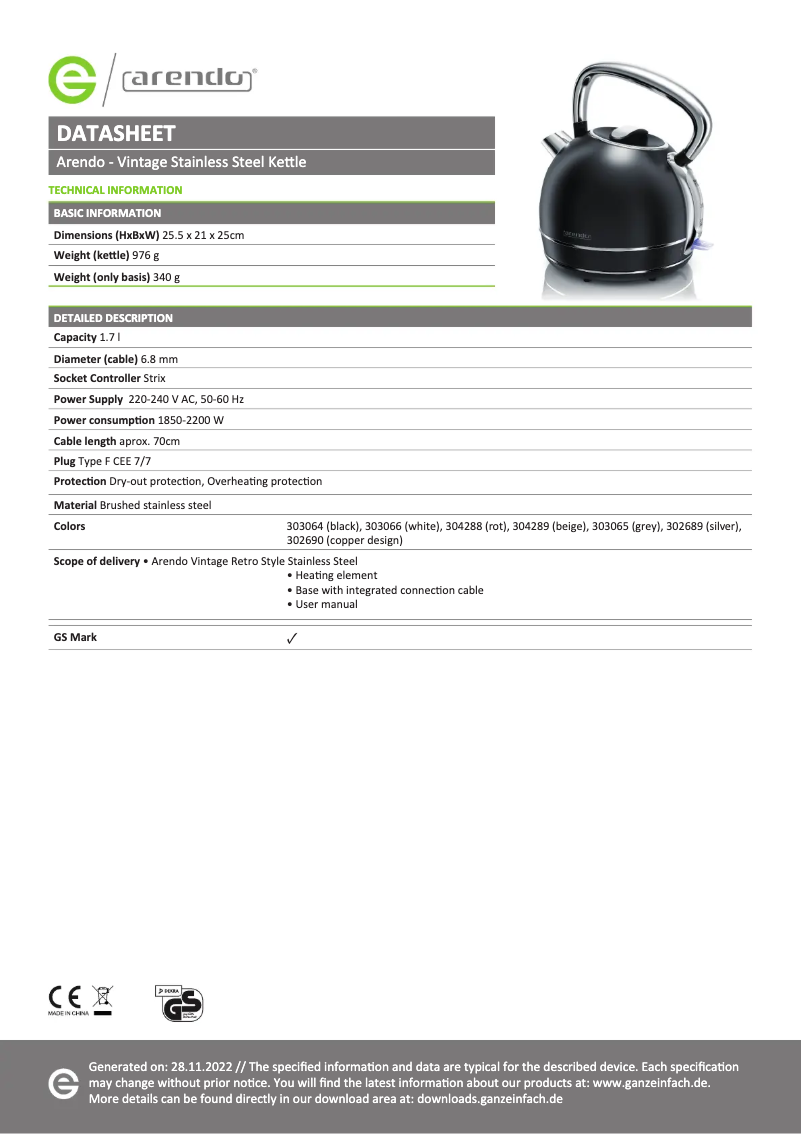 Page 1 de la notice Fiche technique Arendo Vintage 304289