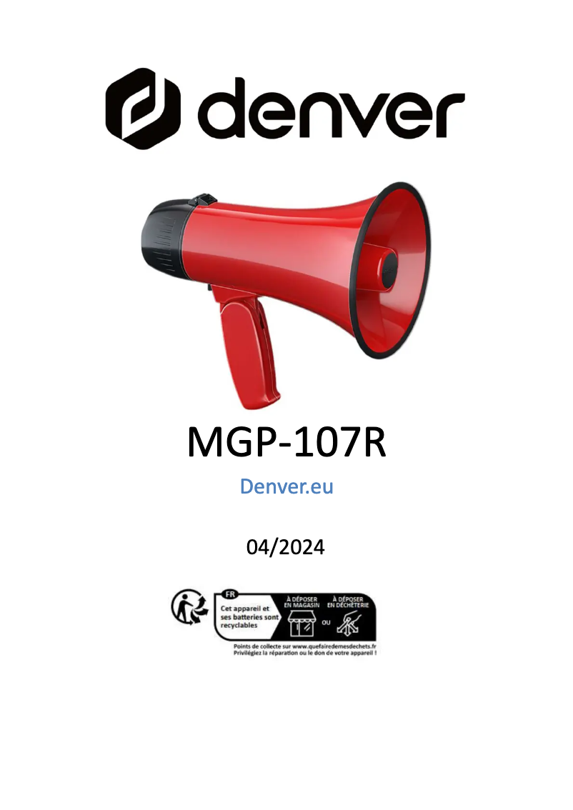 Page 1 de la notice Manuel utilisateur Denver MGP-107R