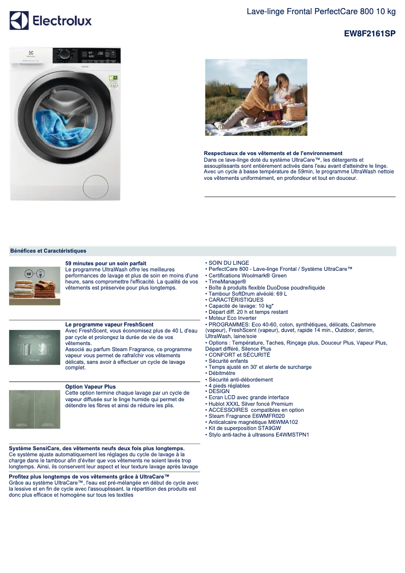 Page 1 de la notice Fiche technique Electrolux EW8F2161SP