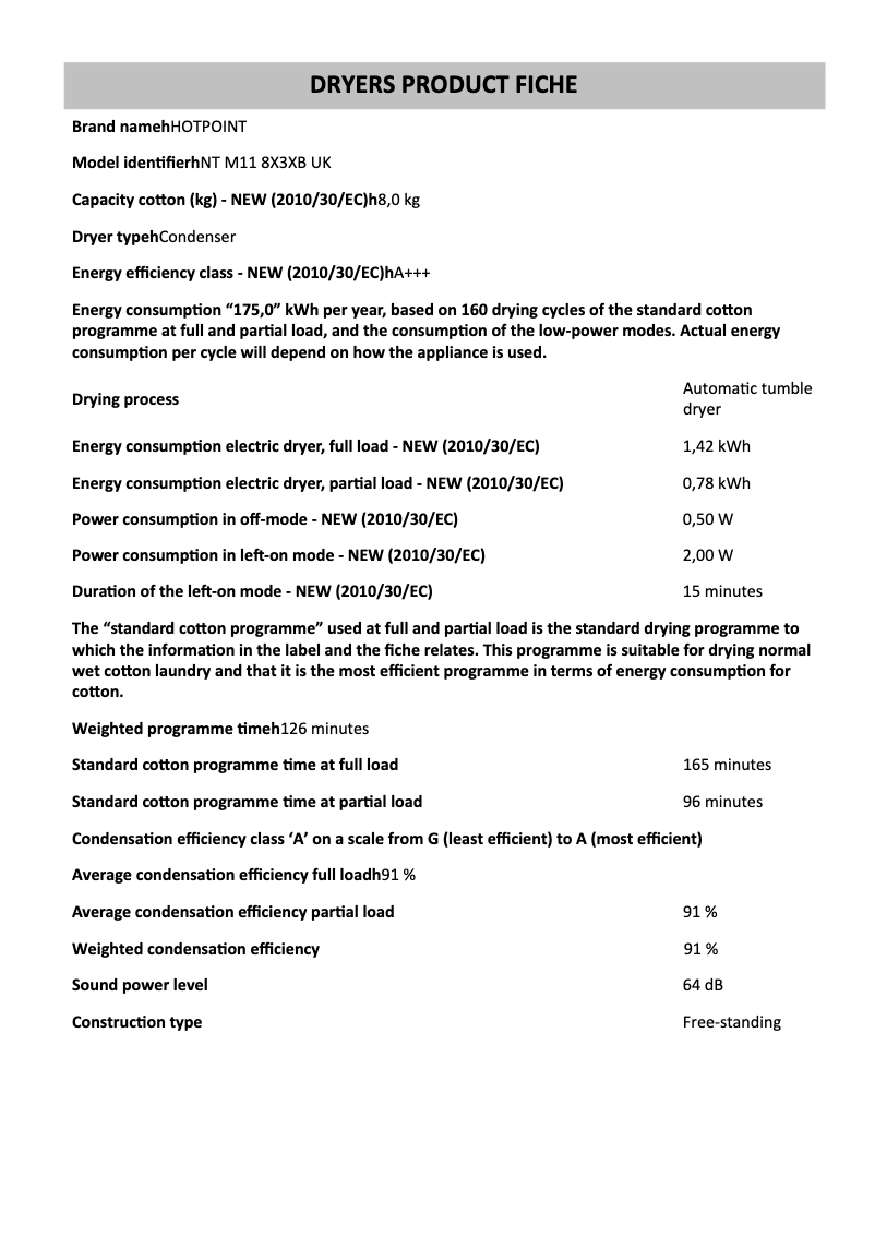 Page 1 de la notice Fiche technique Hotpoint NTM118X3XBUK
