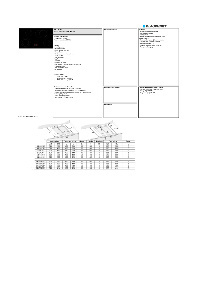 Page n°1 - Fiche technique Blaupunkt 5RG74351