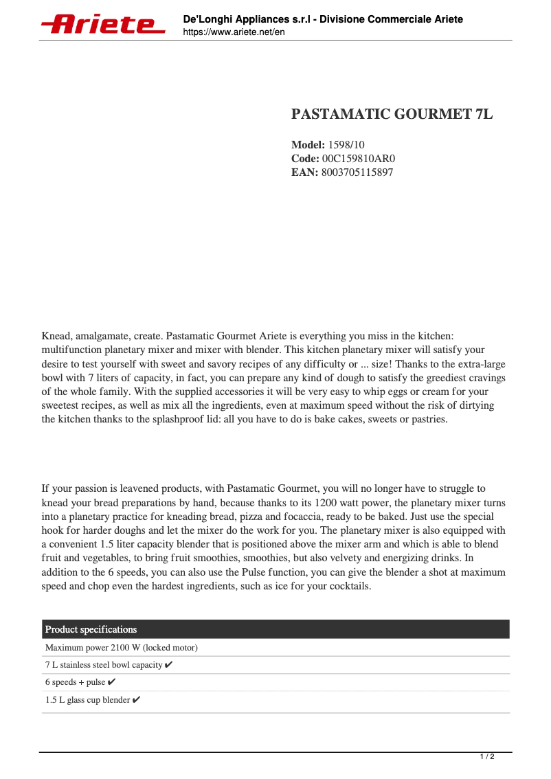 Page 1 de la notice Fiche technique Ariete Pastamatic Gourmet 7L 1598