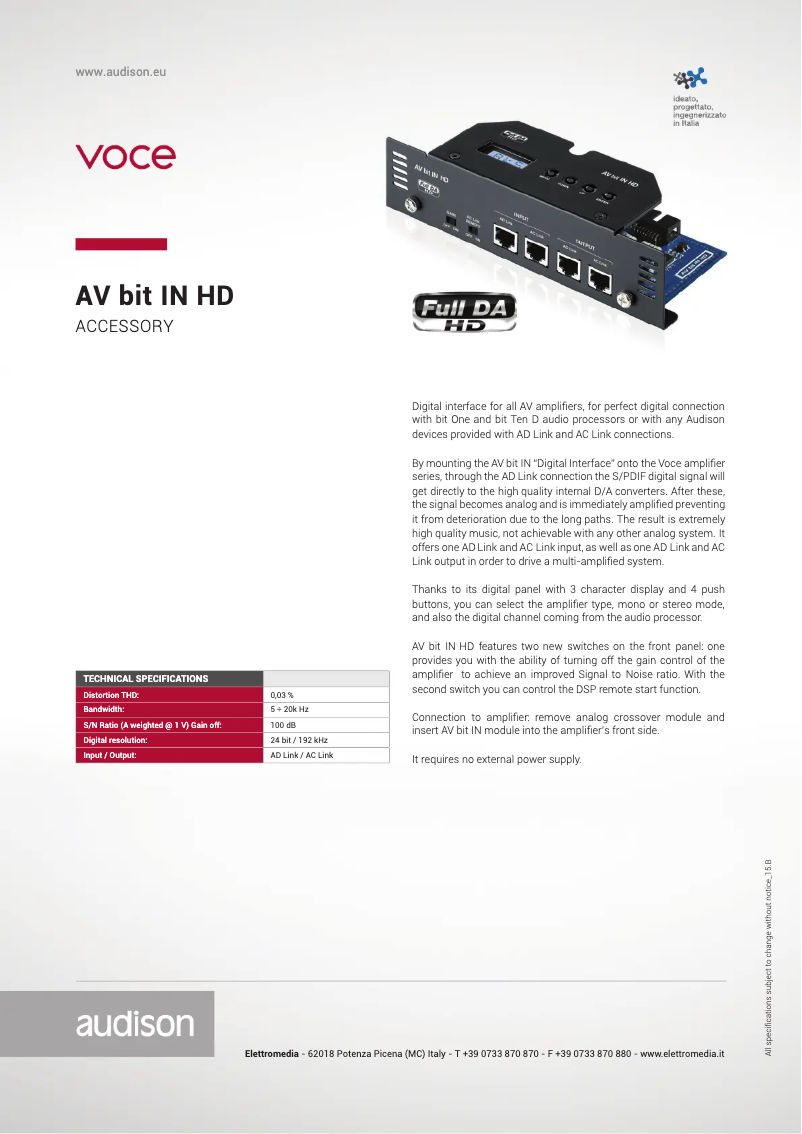 Page 1 de la notice Manuel utilisateur Audison Voce AV Bit IN HD