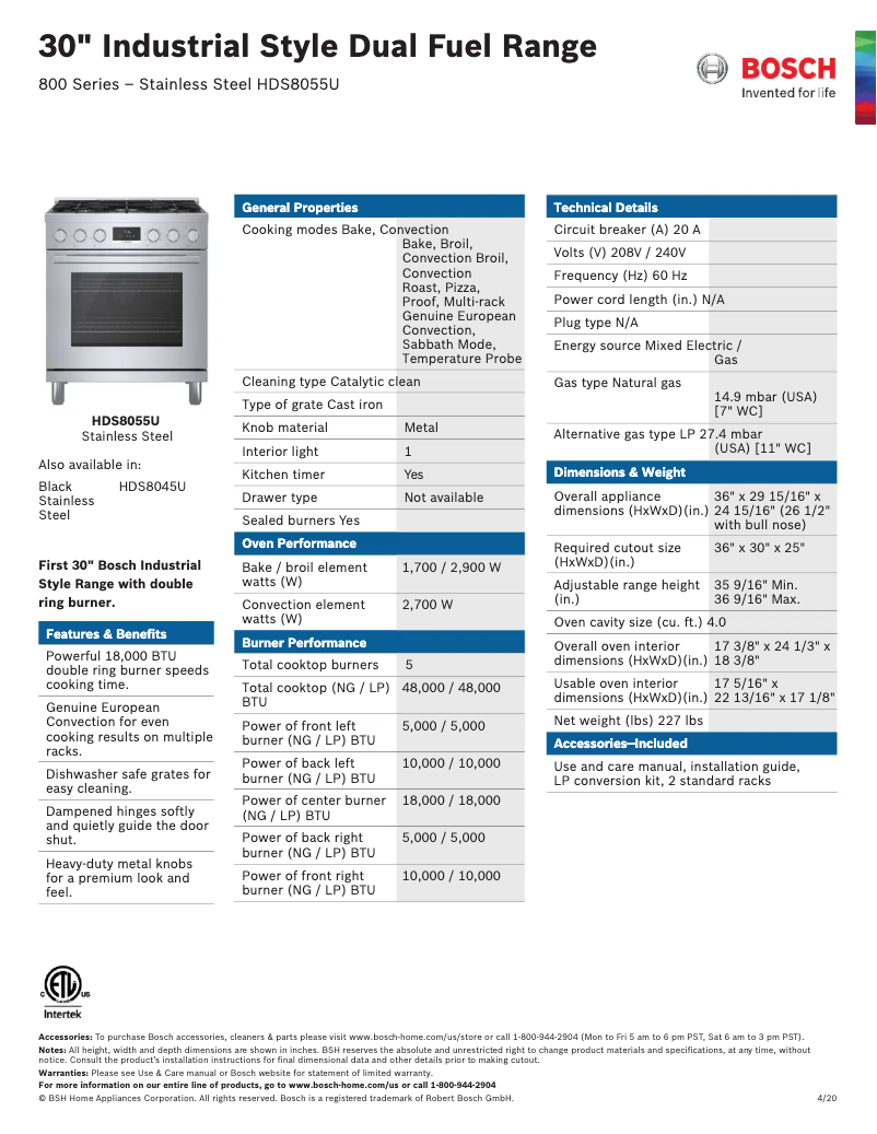 Page 1 de la notice Fiche technique Bosch HDS8055U