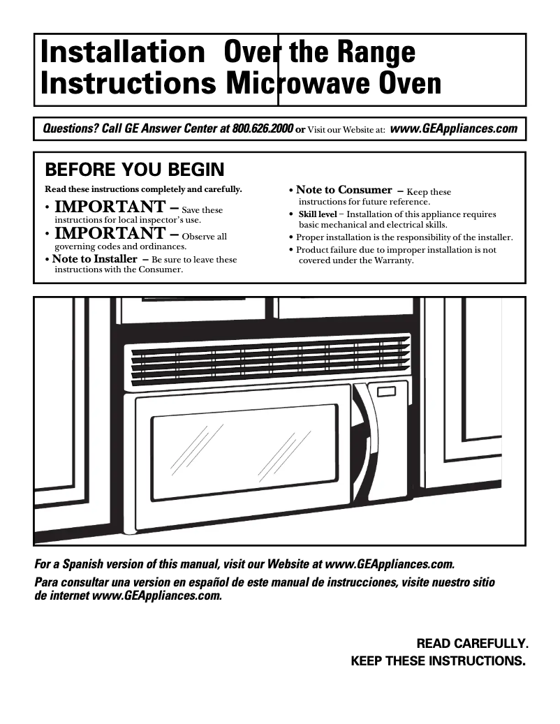 Page 1 of the manual Installation Guide GE JVM1460WA