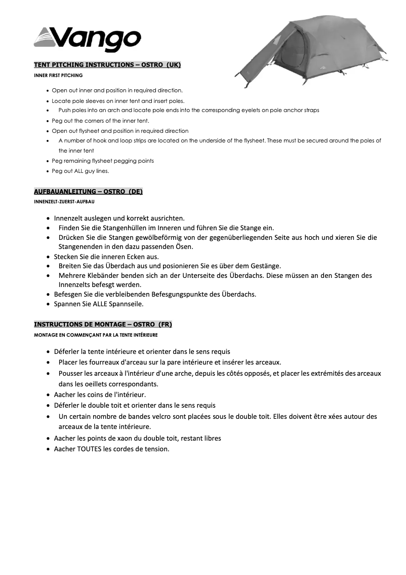 Page 1 de la notice Manuel utilisateur Vango Ostro 300