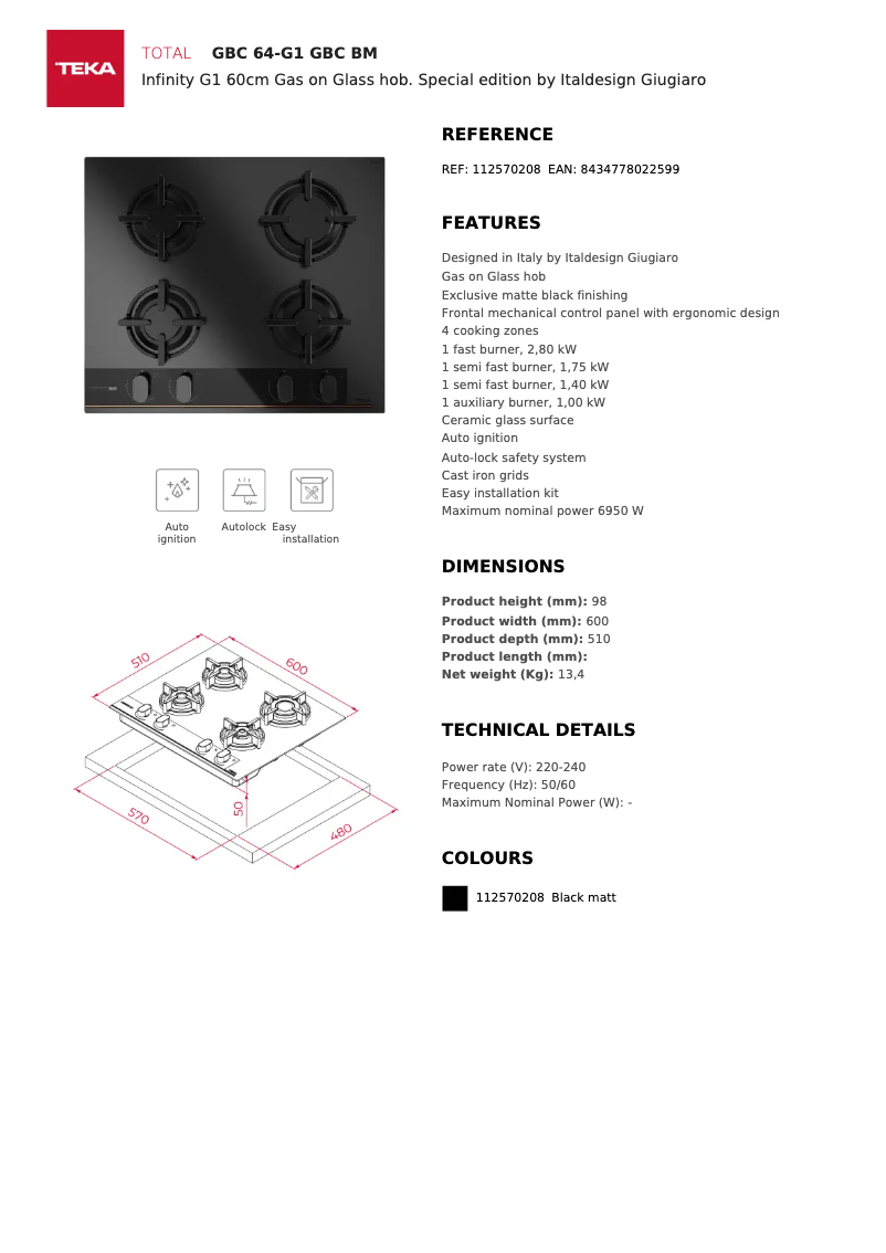 Page n°1 - Fiche technique Teka GBC 64-G1