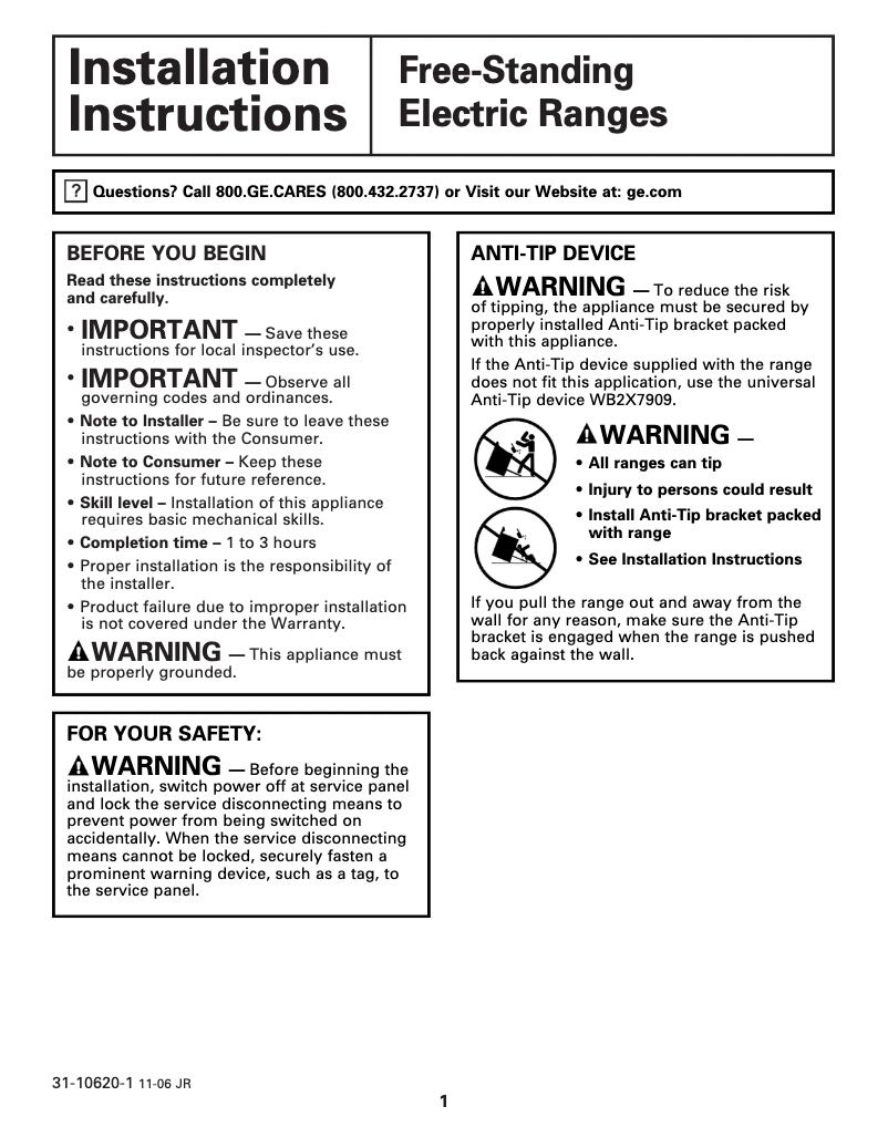 Page 1 of the manual Installation Guide GE JBP80CKCC
