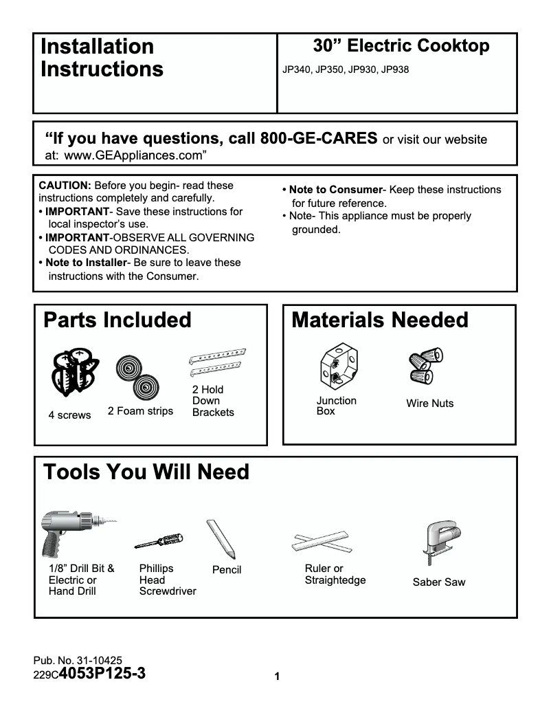Page n°1 - Guide d'installation GE Profile Performance JP930BABB