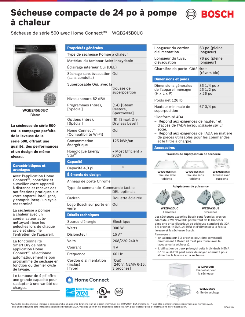 Page 1 de la notice Fiche technique Bosch WQB245B0UC