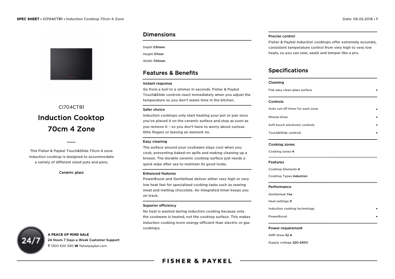 Page 1 de la notice Fiche technique Fisher & Paykel CI704CTB1