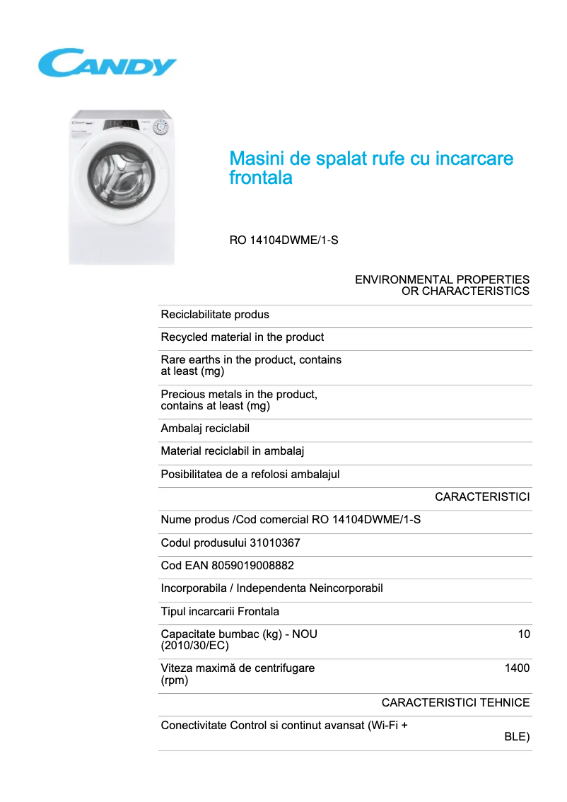 Page 1 de la notice Fiche technique Candy RO 14104DWME/1-S