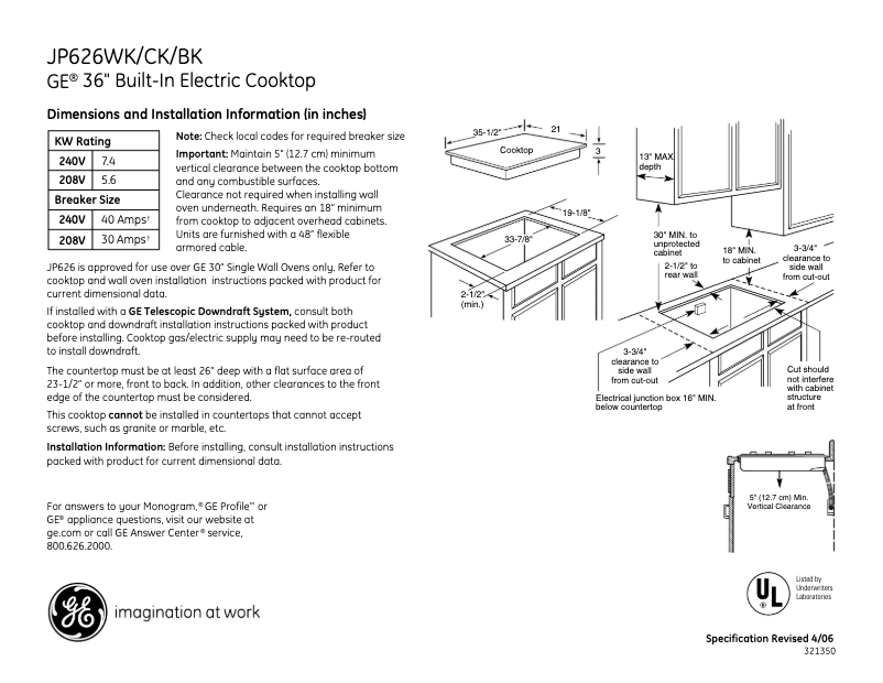 Page 1 de la notice Fiche technique GE JP626BKBB