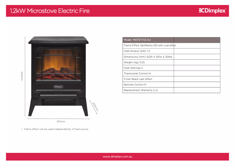 Page 1 de la notice Fiche technique Dimplex MCFSTV12AU