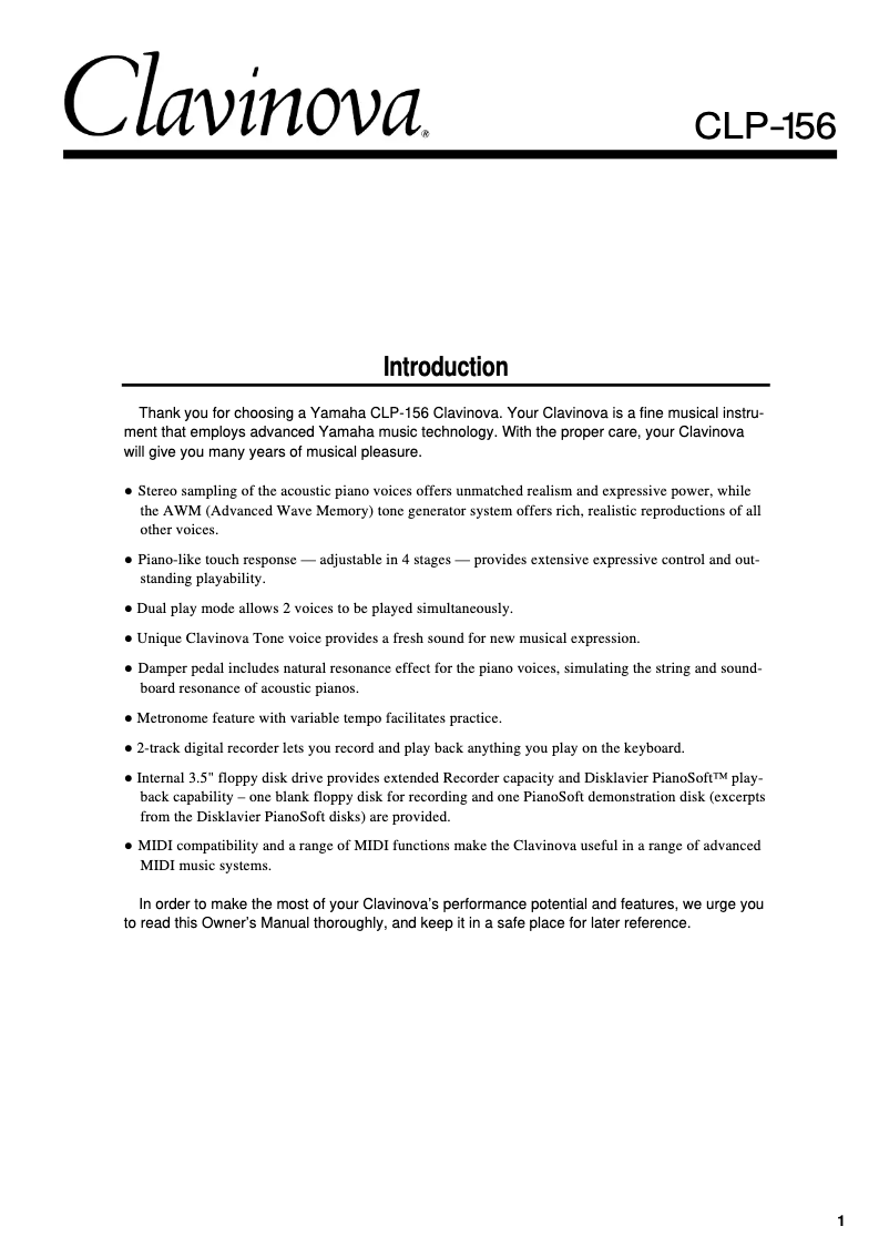 Page 1 of the manual User Manual Yamaha Clavinova CLP-156