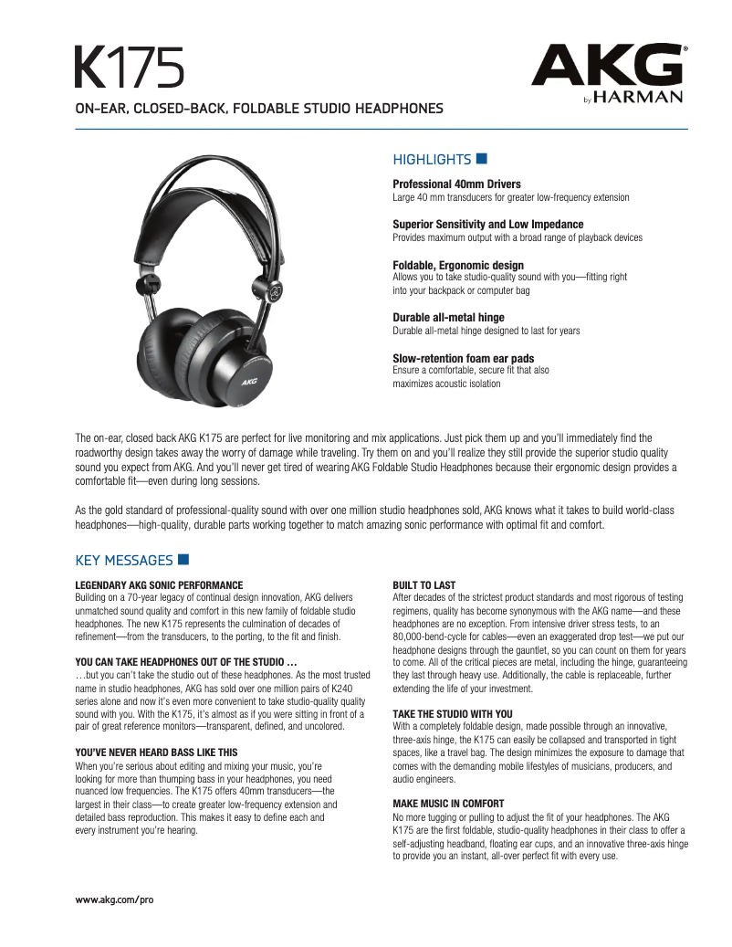 Page n°1 - Manuel utilisateur AKG K175