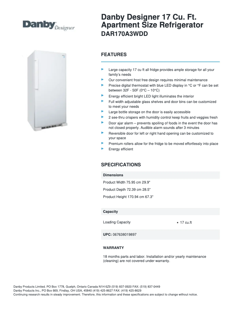 Página 1 del manual Ficha técnica Danby Designer DAR170A3WDD