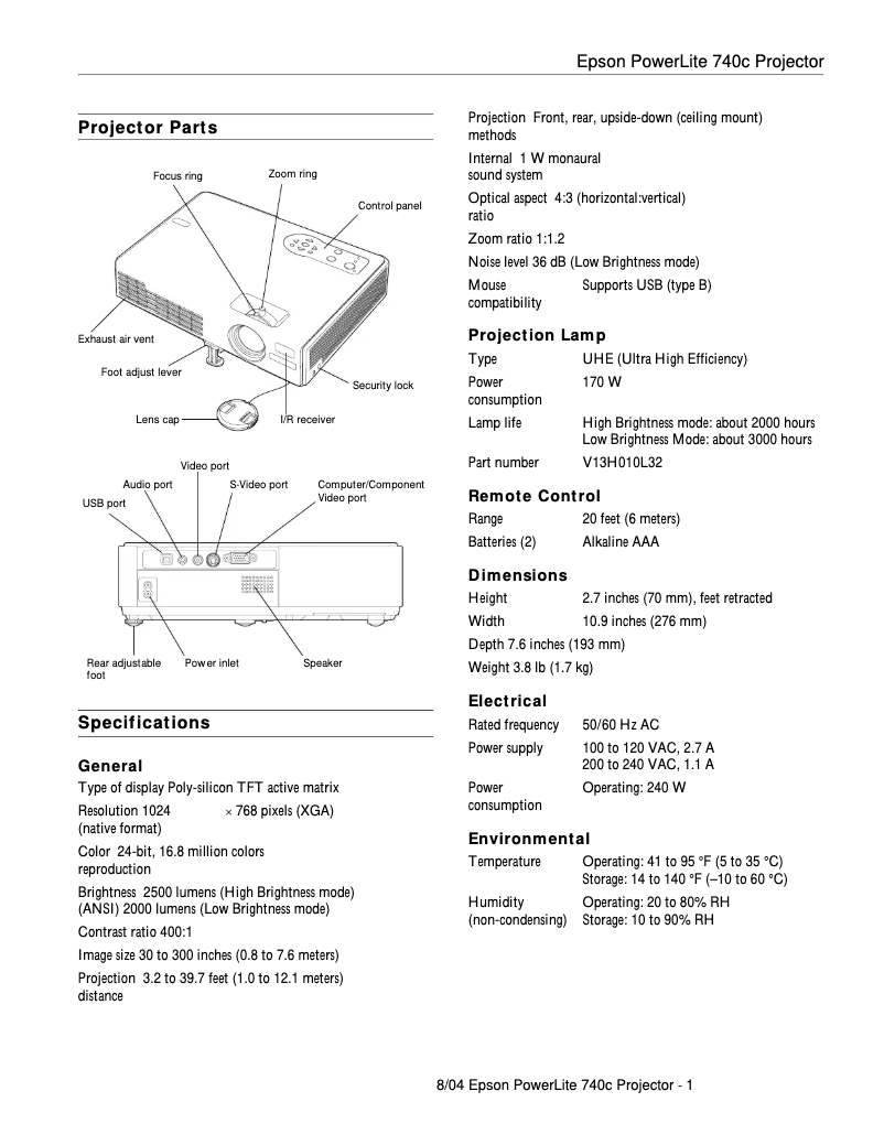 Página 1 del manual Ficha técnica Epson PowerLite 740c