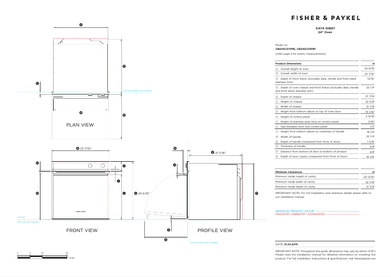 Page 1 de la notice Fiche technique Fisher & Paykel OB24SCD11PB1