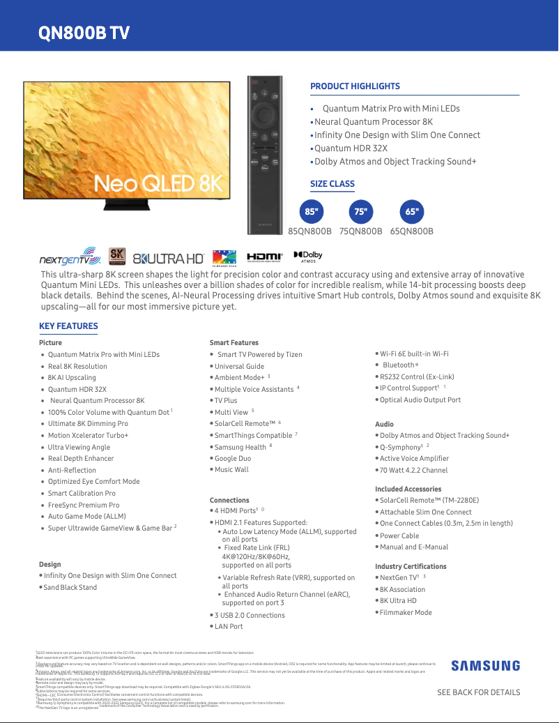 Page 1 de la notice Fiche technique Samsung QN85QN800B