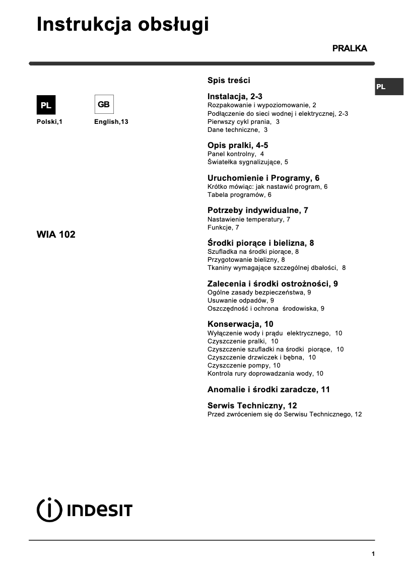 Page n°1 - Manuel utilisateur Indesit WIA 102 (PL)