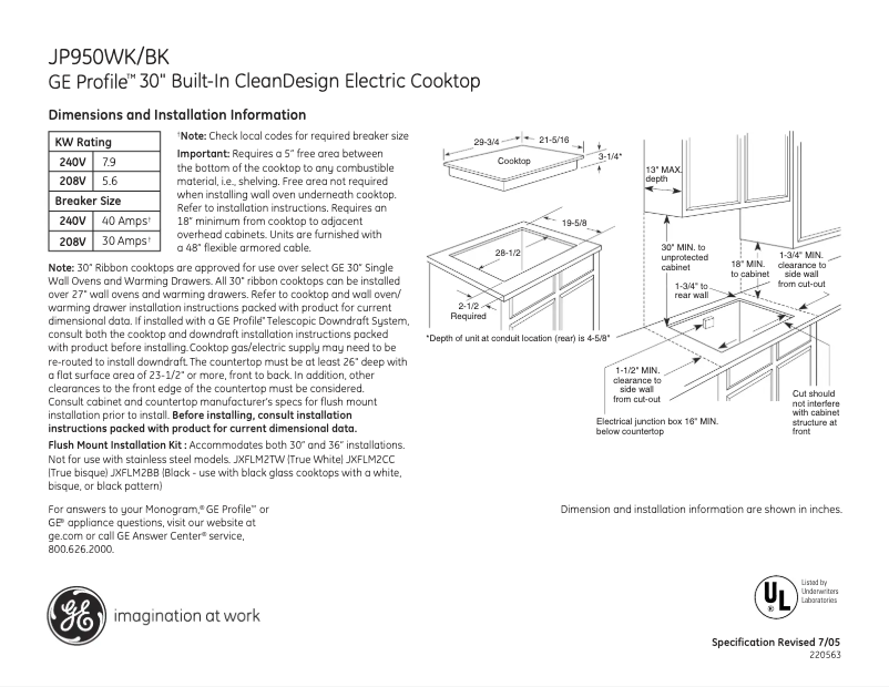 Page n°1 - Fiche technique GE JP950WKWW