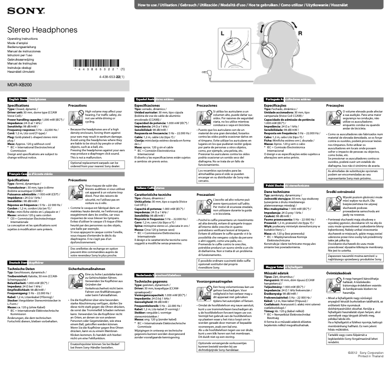 Page n°1 - Manuel utilisateur Sony MDR-XB200