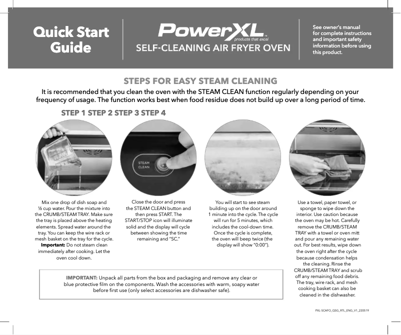 Page 1 de la notice Guide de démarrage rapide PowerXL Self Cleaning Air Fryer Oven TOD602BDIS