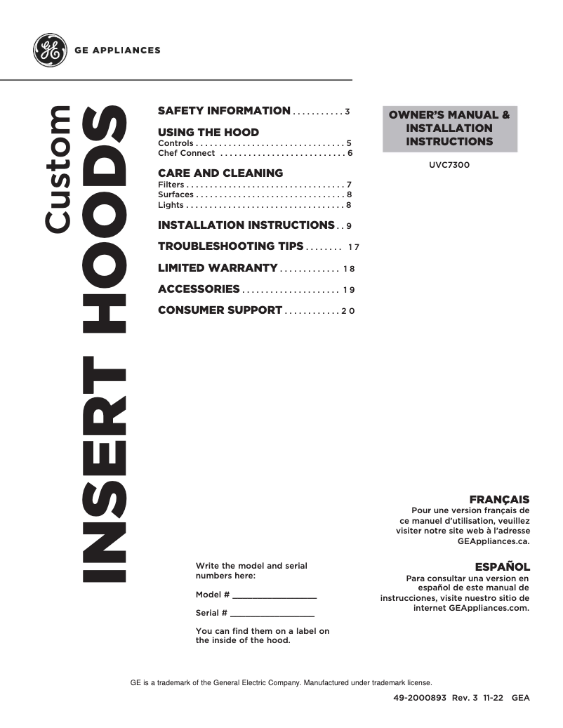 Page 1 de la notice Guide d'installation GE UVC7300SLSS