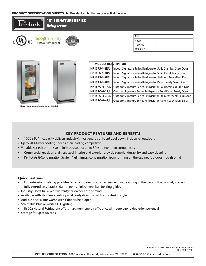 Page 1 de la notice Fiche technique Perlick HP15RO-4-1R