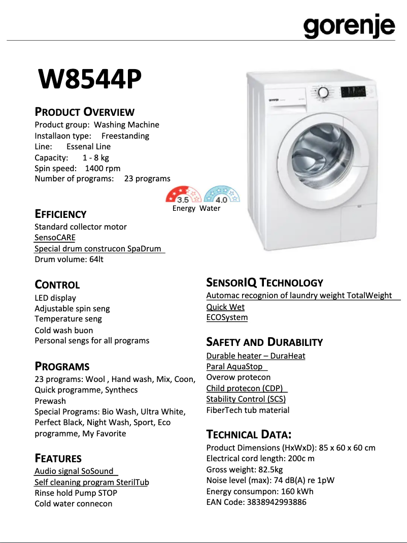 Page n°1 - Fiche technique Gorenje W8544P