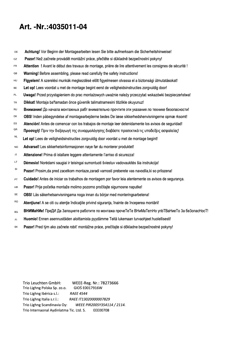 Page 1 de la notice Manuel utilisateur Trio Lighting Icaro 4035011-04
