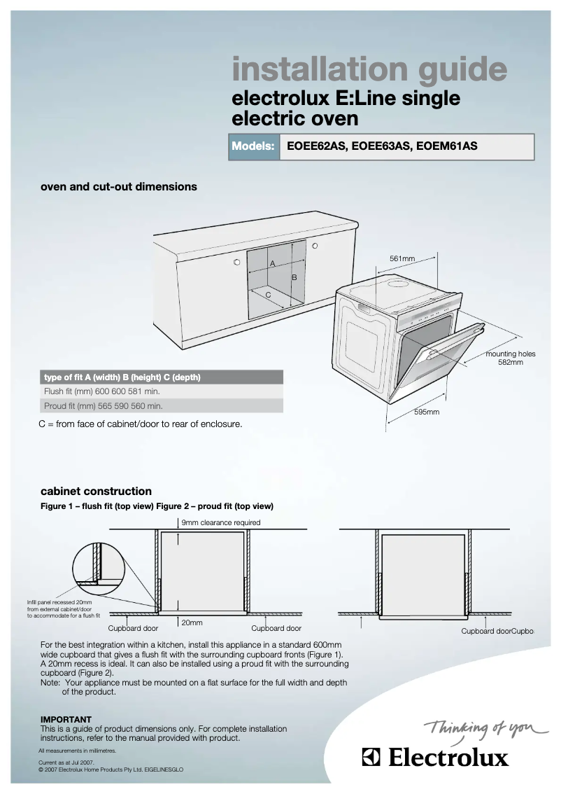 Page 1 de la notice Guide d'installation Electrolux EOEE63AS
