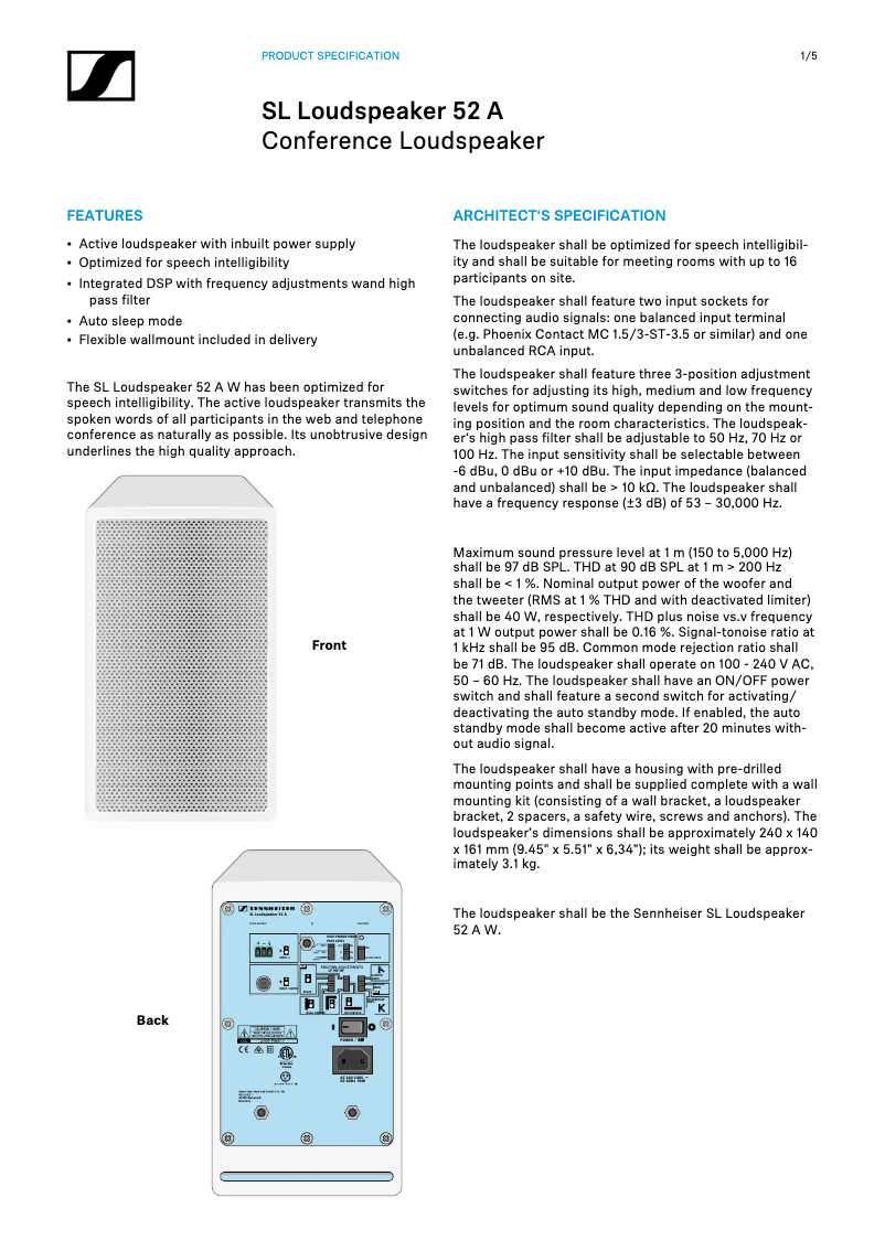 Page 1 de la notice Fiche technique Sennheiser SL Loudspeaker 52 A