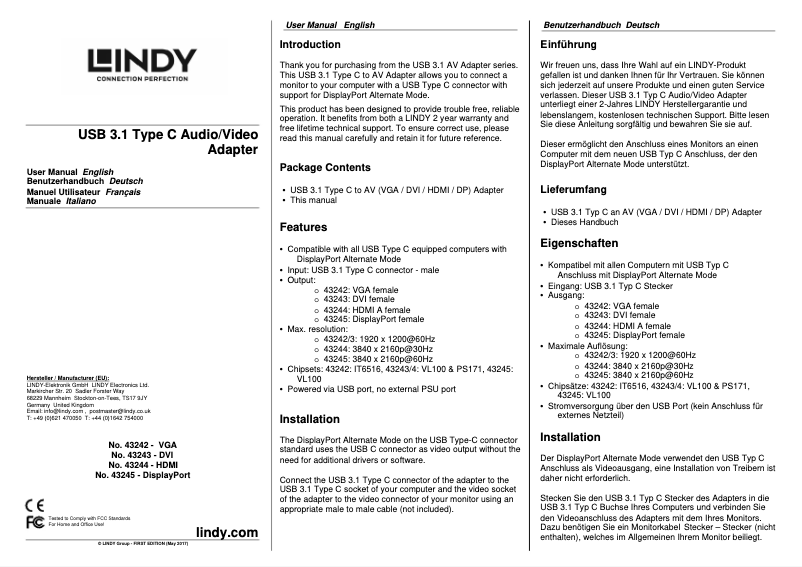 Page 1 de la notice Manuel utilisateur Lindy 43243