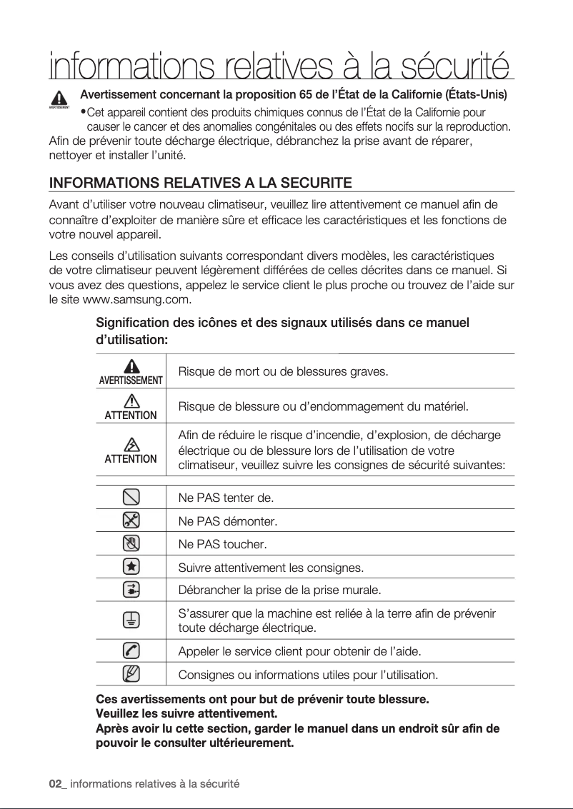 Page 1 de la notice Manuel utilisateur Samsung AC035FB1DEH