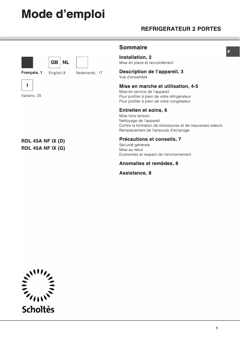 Page 1 de la notice Manuel utilisateur Scholtès RDL 45A NF