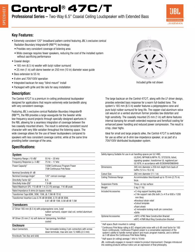 Page n°1 - Fiche technique JBL Control 47C/T