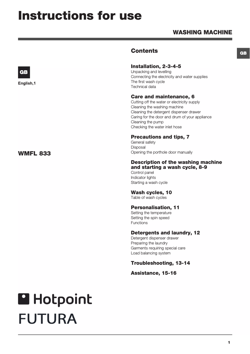 Page n°1 - Manuel utilisateur Hotpoint Ariston WMFL833