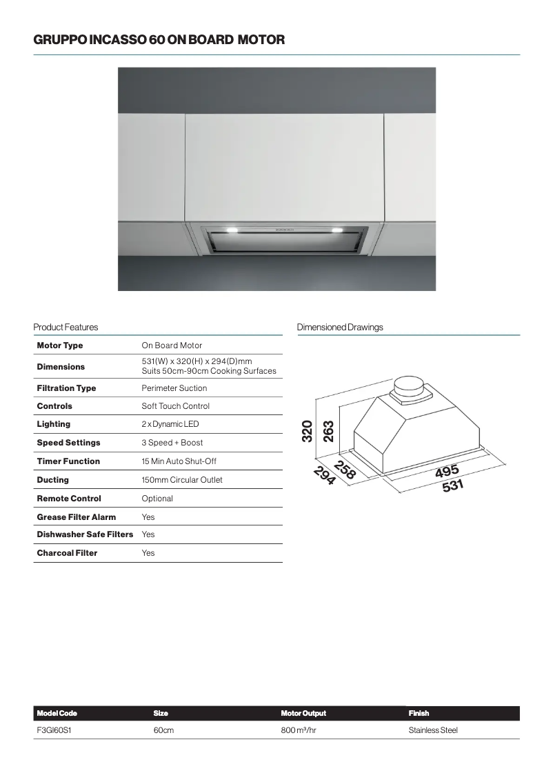 Page 1 de la notice Fiche technique Falmec F3GI60S1