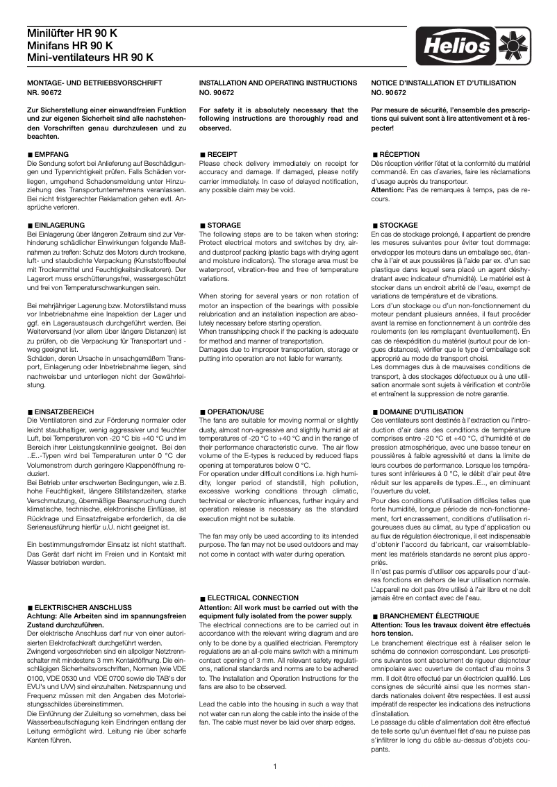 Page 1 de la notice Manuel utilisateur Helios HR 90 KEZ
